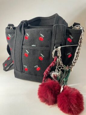 Madden Girl Embroidered Black w Cherries Canvas Corduroy Mini Tote New with Tag